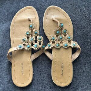 Xhilaration Women's 8 Tan, Faux Turquoise Beads Flat Sandals